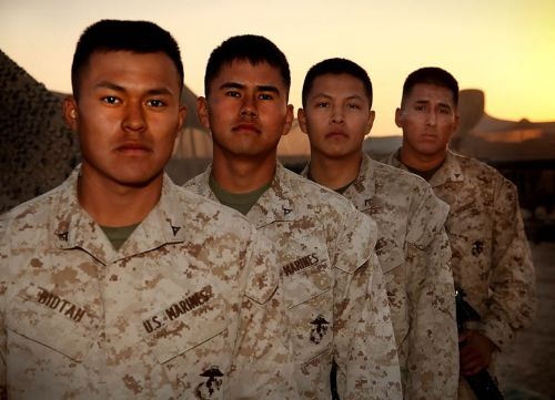 Navajo Marines, OB DELARAM II, Afghanistan-Forward Operating Base Delaram II, Nimruz province, Afghanistan – Lance Corporals Devin Bidtah and James Nelson, PFC Uriah Billie and Lance Cpl. Travis Yazzie, share a common past through their ancestors. These Navajo men are brothers as Marines, but more profoundly, because their clan ties bind them through the retracing of their ancestry, for some to Navajo Code Talkers of WWII. (Official US Marine Corps photo by Sgt. Dean Davis)